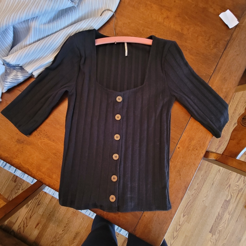 Free People 3/4 Sleeve Black Top Size Large L